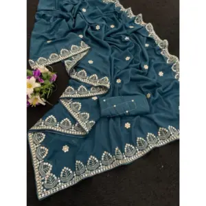 Women's Georgette Embellished Saree with Blouse – Blue