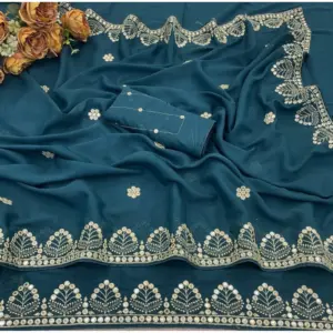 Women's Georgette Embellished Saree with Blouse – Blue