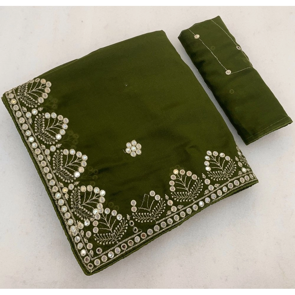 Women's Georgette Embellished Saree with Blouse – Green