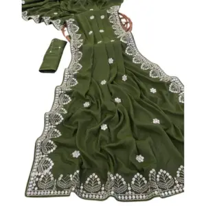 Women's Georgette Embellished Saree with Blouse – Green