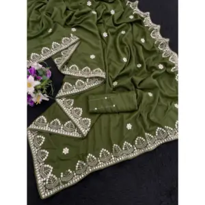 Women's Georgette Embellished Saree with Blouse – Green
