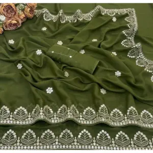 Women's Georgette Embellished Saree with Blouse – Green