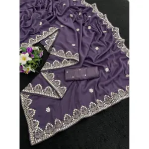 Women's Georgette Embellished Saree with Blouse – Lavender