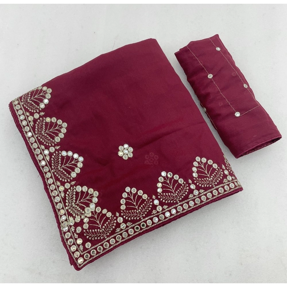 Women's Georgette Embellished Saree with Blouse – Maroon