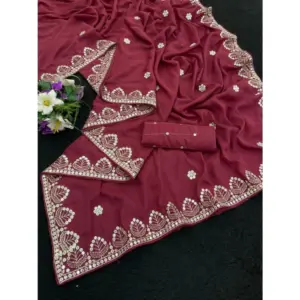 Women's Georgette Embellished Saree with Blouse – Maroon