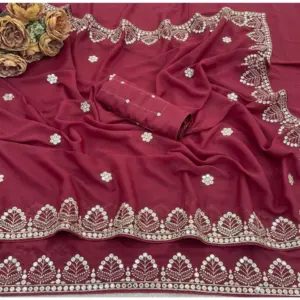Women's Georgette Embellished Saree with Blouse – Maroon