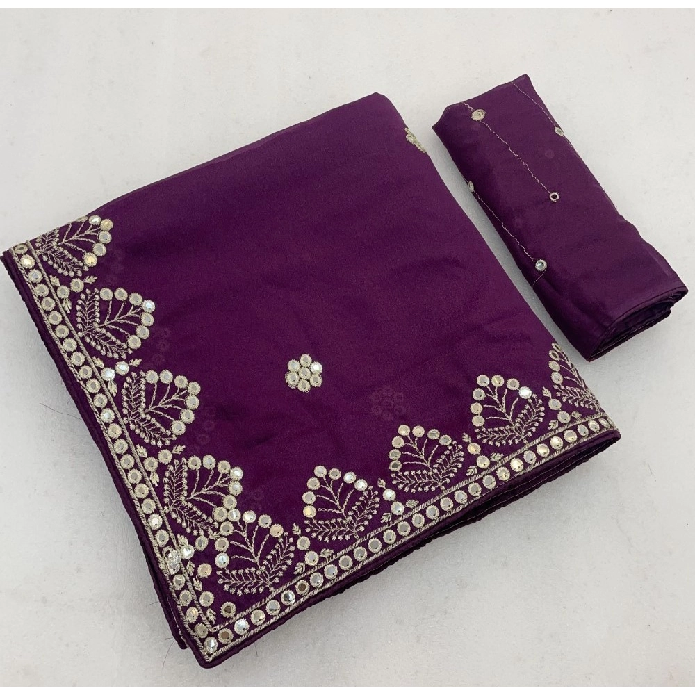 Women's Georgette Embellished Saree with Blouse – Purple