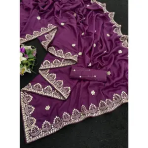 Women's Georgette Embellished Saree with Blouse – Purple