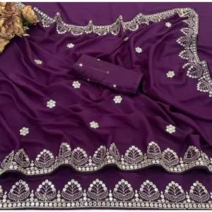 Women's Georgette Embellished Saree with Blouse – Purple