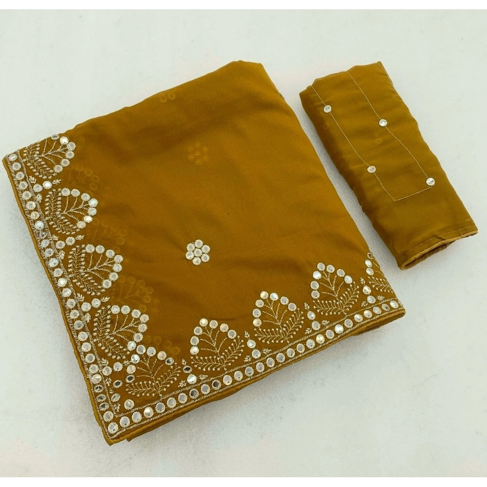 Women's Georgette Embellished Saree with Blouse – Mustard-Yellow