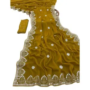 Women's Georgette Embellished Saree with Blouse – Mustard-Yellow
