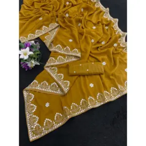 Women's Georgette Embellished Saree with Blouse – Mustard-Yellow