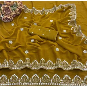 Women's Georgette Embellished Saree with Blouse – Mustard-Yellow