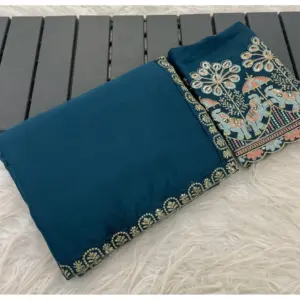 Women's Art Silk Embroidered Saree with Blouse – Blue