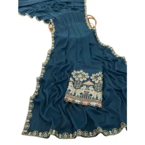 Women's Art Silk Embroidered Saree with Blouse – Blue
