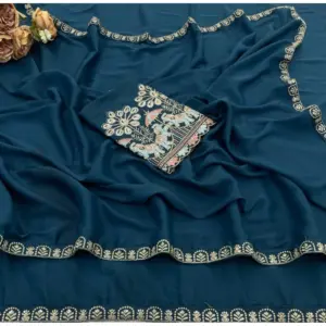 Women's Art Silk Embroidered Saree with Blouse – Blue