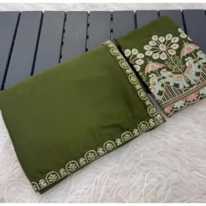 Women's Art Silk Embroidered Saree with Blouse – Green