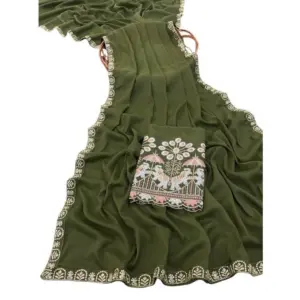 Women's Art Silk Embroidered Saree with Blouse – Green