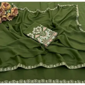 Women's Art Silk Embroidered Saree with Blouse – Green