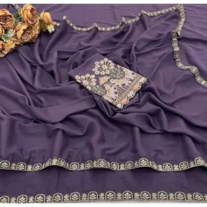 Women's Art Silk Embroidered Saree with Blouse – Lavender