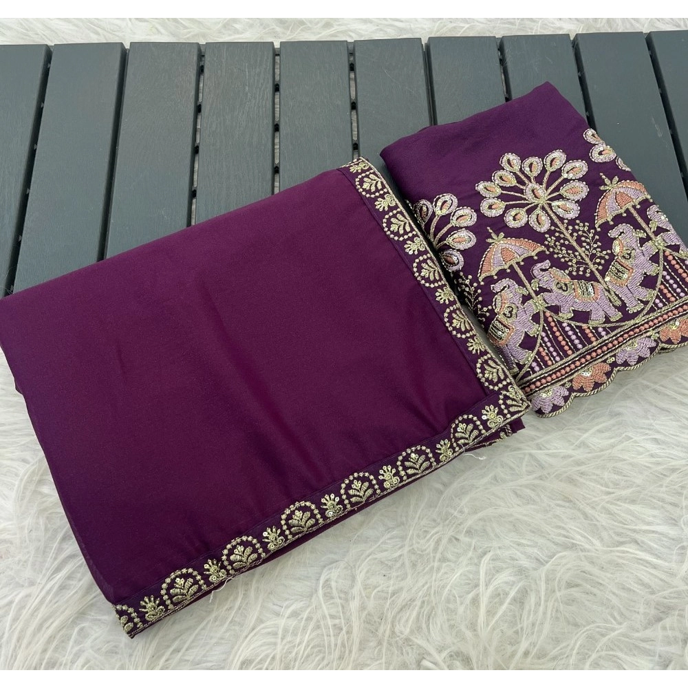 Women's Art Silk Embroidered Saree with Blouse – Purple