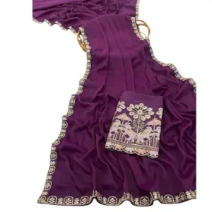 Women's Art Silk Embroidered Saree with Blouse – Purple