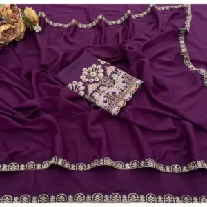 Women's Art Silk Embroidered Saree with Blouse – Purple