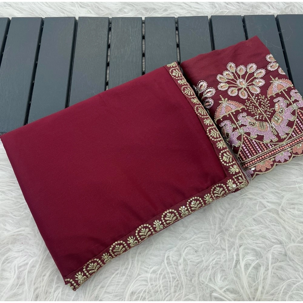 Women's Art Silk Embroidered Saree with Blouse – Maroon