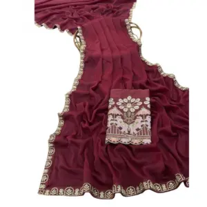 Women's Art Silk Embroidered Saree with Blouse – Maroon