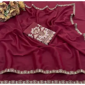 Women's Art Silk Embroidered Saree with Blouse – Maroon