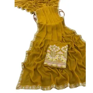 Women's Art Silk Embroidered Saree with Blouse – Yellow