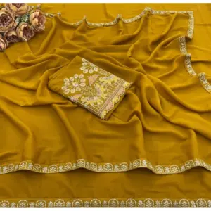 Women's Art Silk Embroidered Saree with Blouse – Yellow