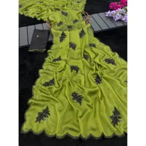 Women's Viscose Silk Embroidered Saree with Blouse – Green