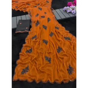 Women's Viscose Silk Embroidered Saree with Blouse – Orange