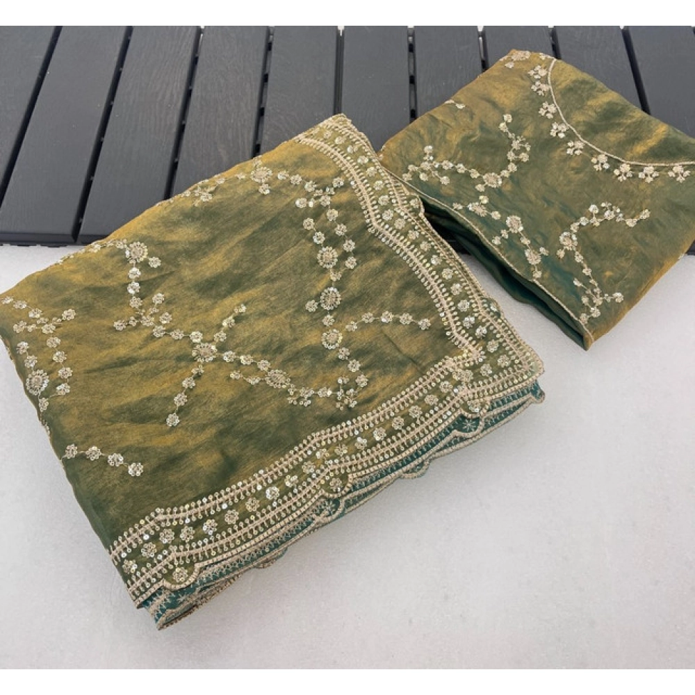 Women's Silk Embellished Saree with Blouse – Green