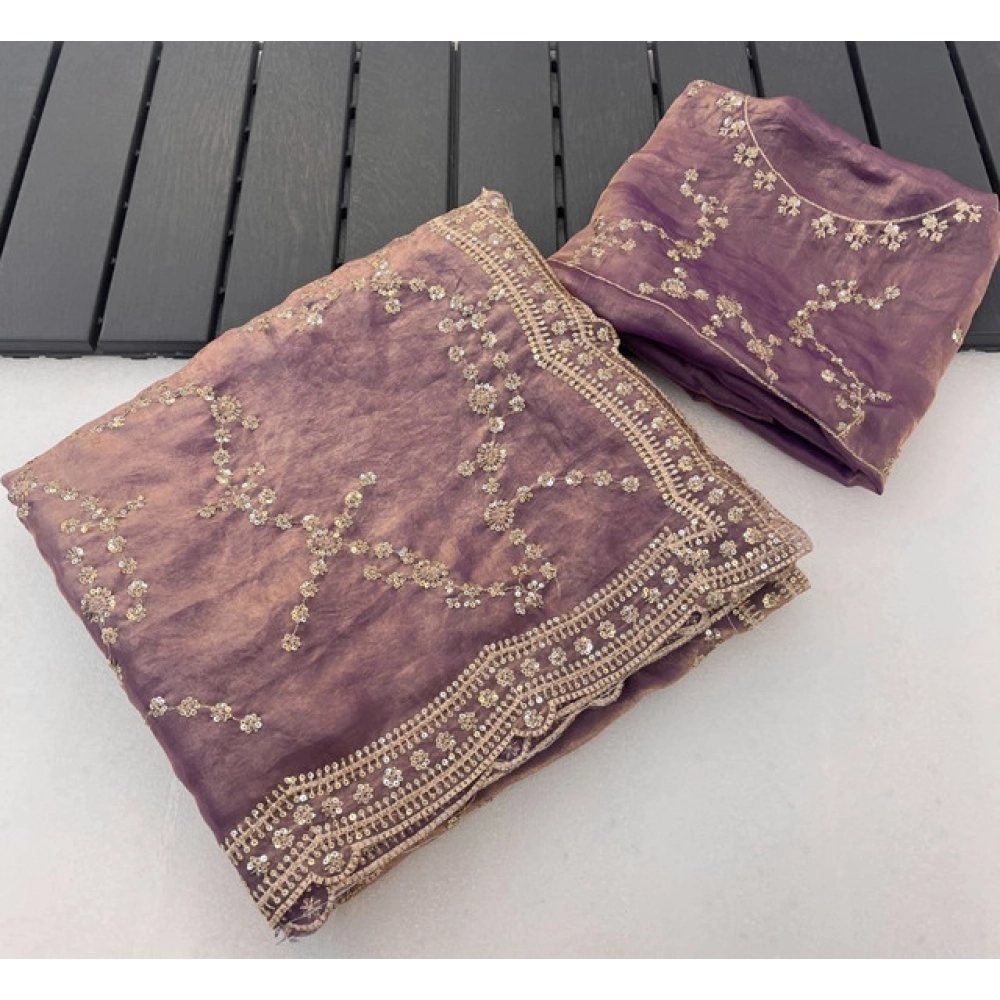 Women's Silk Embellished Saree with Blouse – Lavender
