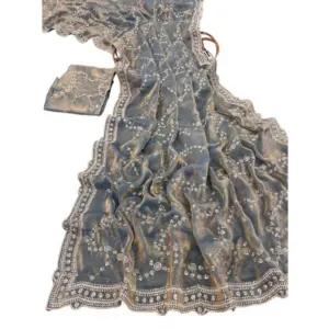 Women's Silk Embellished Saree with Blouse – Grey