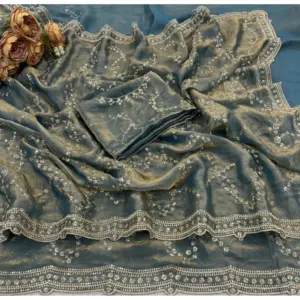 Women's Silk Embellished Saree with Blouse – Grey