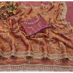 Women's Silk Embellished Saree with Blouse – Peach