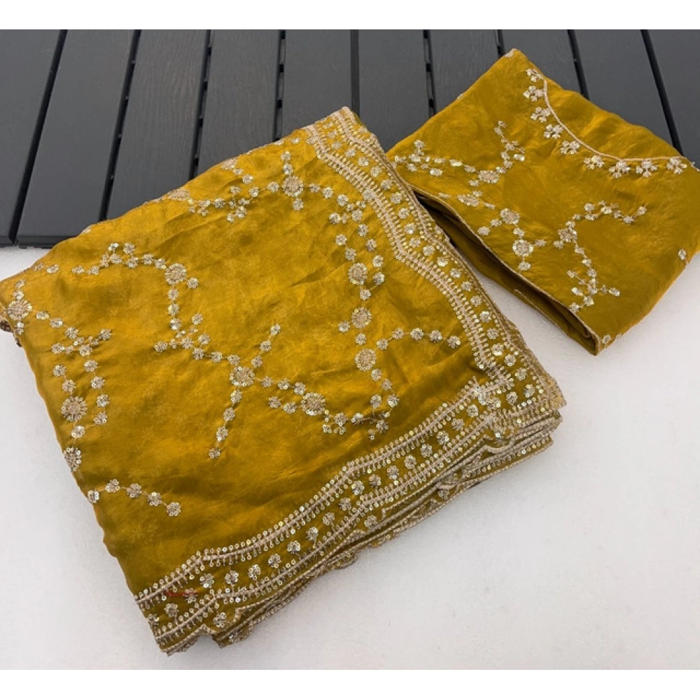 Women's Silk Embellished Saree with Blouse – Mustard-Yellow