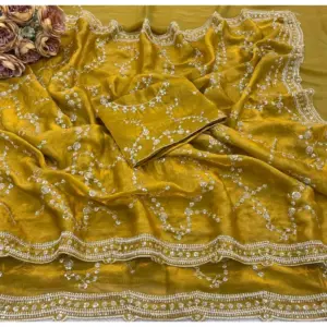 Women's Silk Embellished Saree with Blouse – Mustard-Yellow