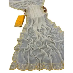 Women's Star Georgette Embellished Saree with Blouse – Beige
