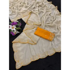 Women's Star Georgette Embellished Saree with Blouse – Beige