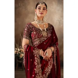 Women's Silk Embroidered Saree with Blouse – Maroon