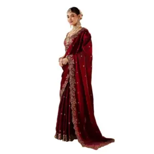 Women's Silk Embroidered Saree with Blouse – Maroon