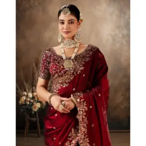 Women's Silk Embroidered Saree with Blouse – Maroon