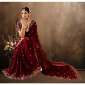 Women's Silk Embroidered Saree with Blouse – Maroon