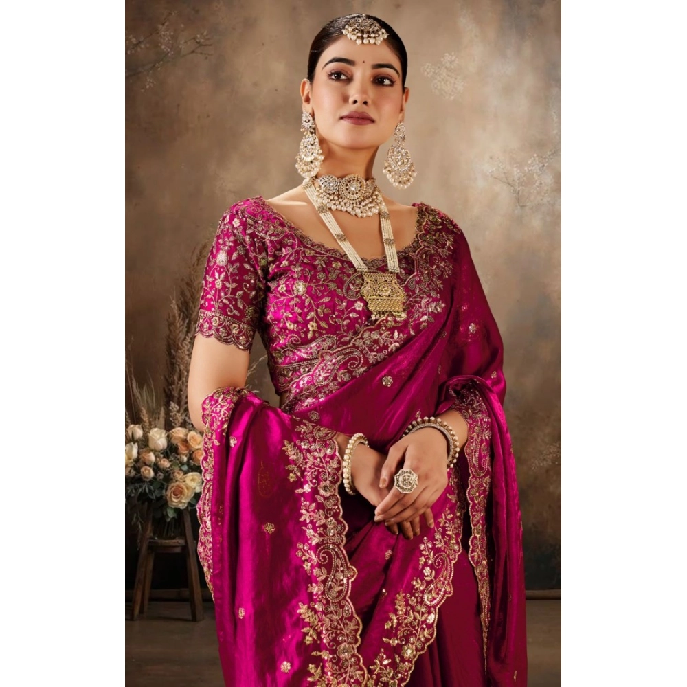 Women's Silk Embroidered Saree with Blouse – Pink