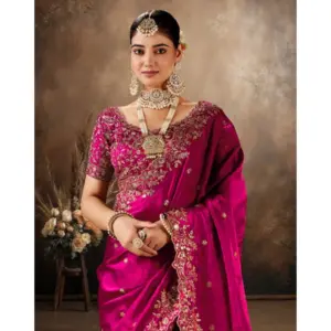 Women's Silk Embroidered Saree with Blouse – Pink