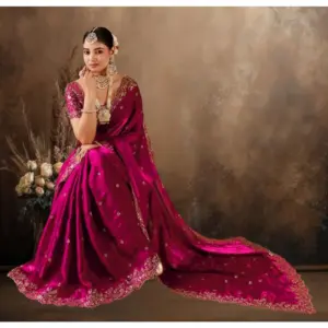 Women's Silk Embroidered Saree with Blouse – Pink